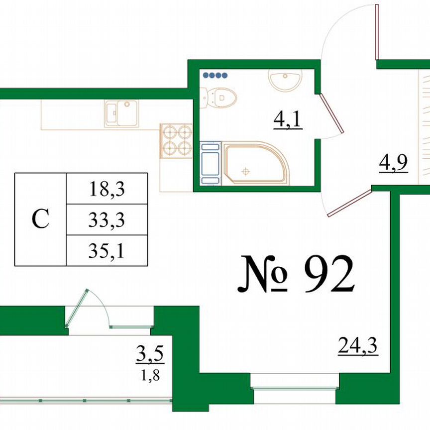 Квартира-студия, 35,1 м², 5/8 эт.