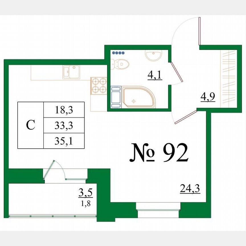 Квартира-студия, 35,1 м², 5/8 эт.