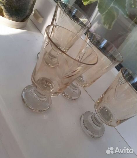 Винтажные рюмки фужеры, желтое стекло, 4 шт, СССР