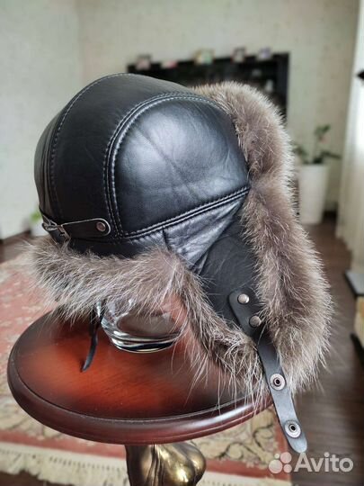 Шапка ушанка кожа мех размер 55-56