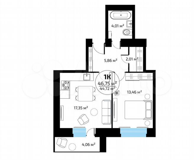 1-к. квартира, 44,7 м², 11/16 эт.