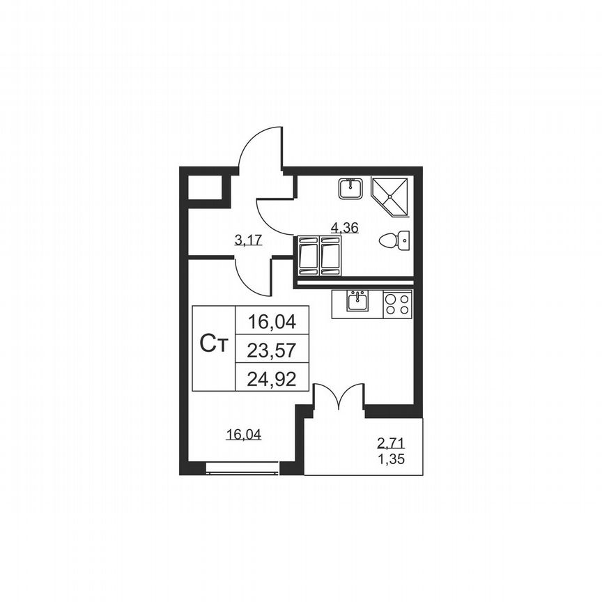 Квартира-студия, 24,9 м², 16/19 эт.
