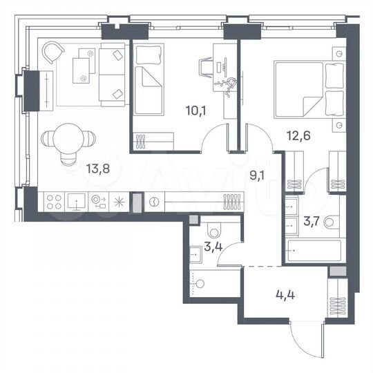 2-к. квартира, 57,1 м², 12/29 эт.