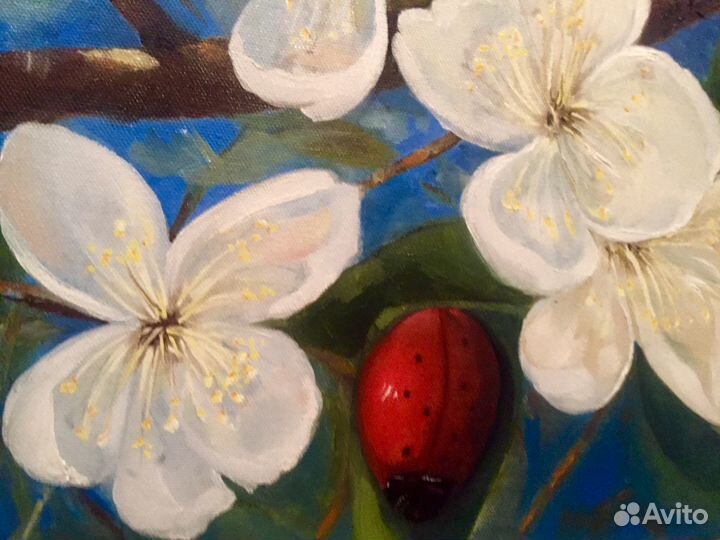 Картина маслом Цветущая яблоня весна божья коровка