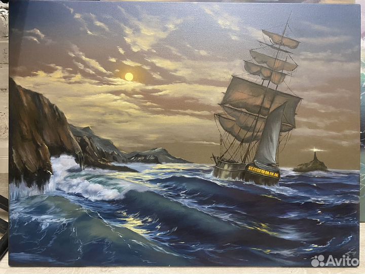Картина маслом корабль на волнах по мотивам Ружика