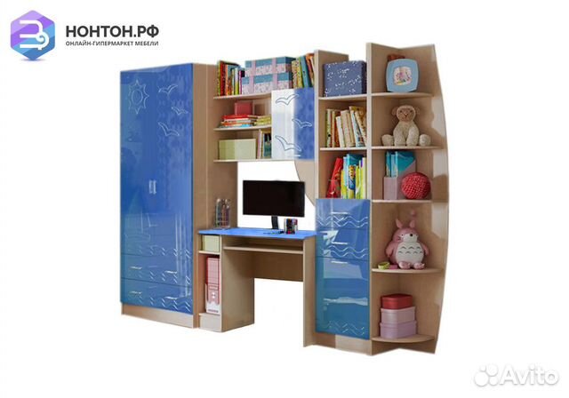 Стенка Юниор-2 синий металлик / дуб беленый