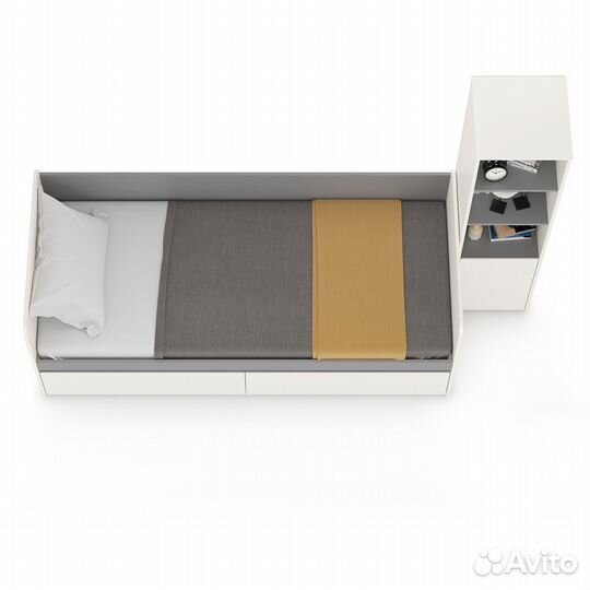 Кровать с ящиками Торонто со стеллажом, цвет белый шагрень/стальной серый, шхгхв 234х84,4х149,7 см