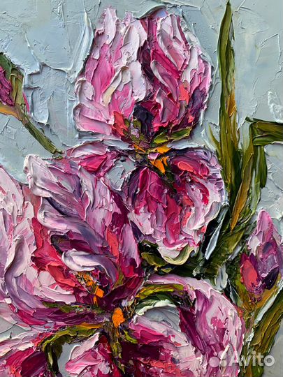 Картина маслом букет розовых ирисов цветы