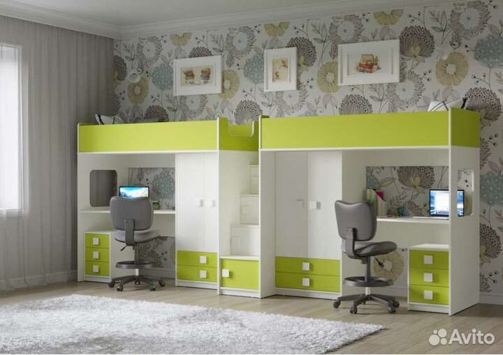 Кровати чердаки для двоих с рабочей зоной