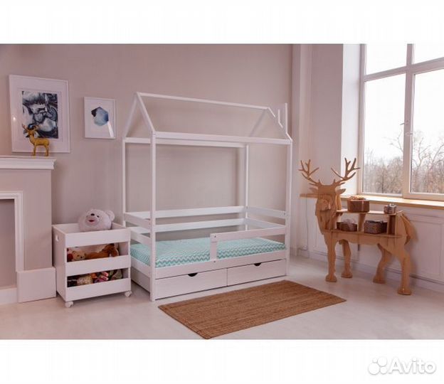 Кроватка высокий борт берёза от 2х лет домик