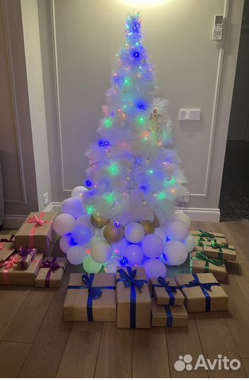 Елка новогодняя белая 150 см и гирлянда