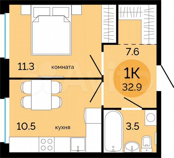 1-к. квартира, 32,9 м², 12/17 эт.