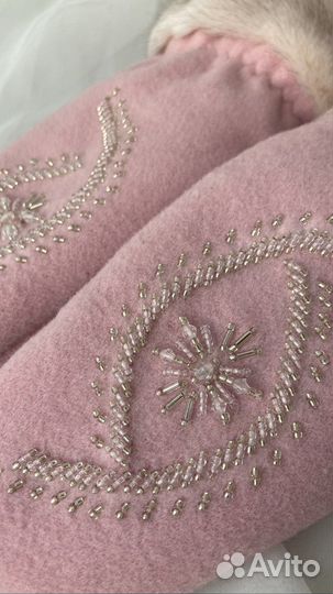 Варежки кашемировые меховые розовые с вышивкой