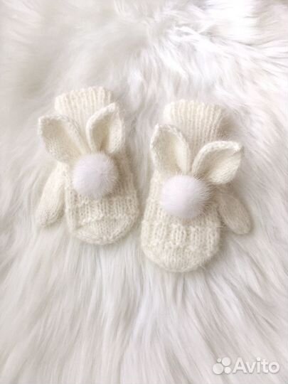 Варежки - Зайчики детские,пуховые,вязаные