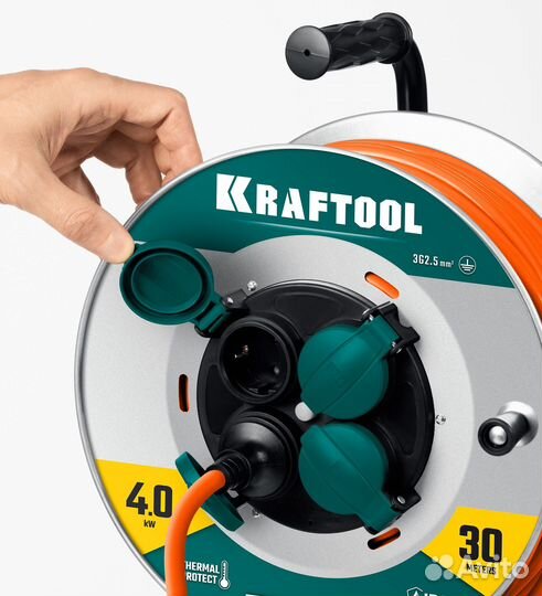 Удлинитель на катушке kraftool пвс 3х2.5 30м 4000