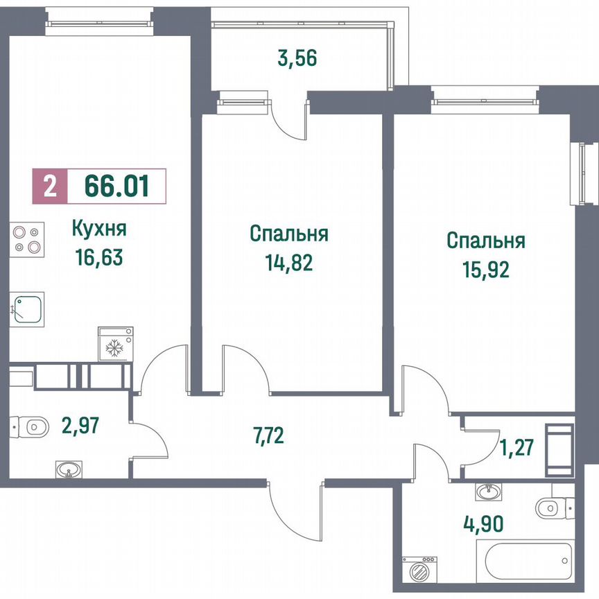 2-к. квартира, 66 м², 4/16 эт.