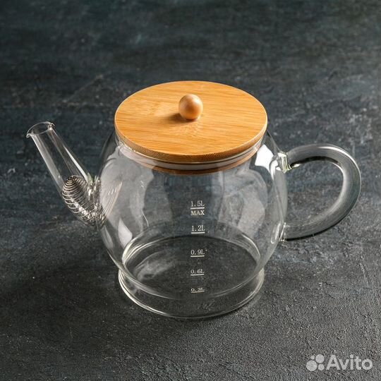 Чайник стеклянный заварочный с бамбуковой крышкой