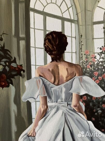 Картина маслом девушка в белом романтика сад