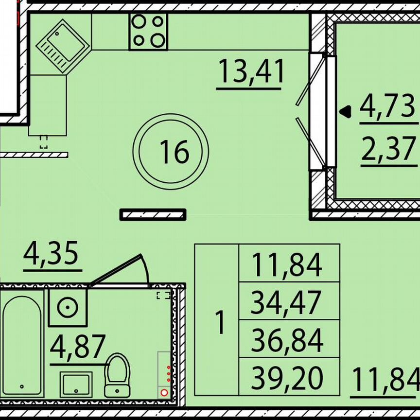 1-к. квартира, 34,5 м², 1/4 эт.