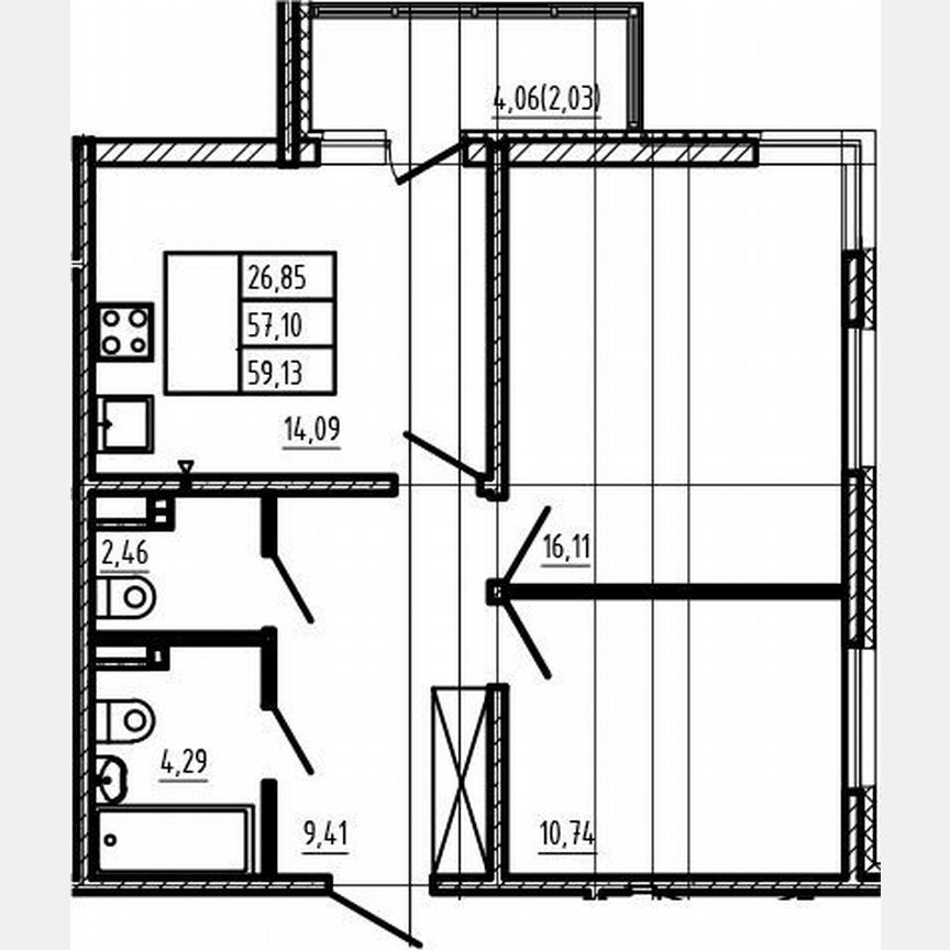 2-к. квартира, 57,1 м², 3/4 эт.