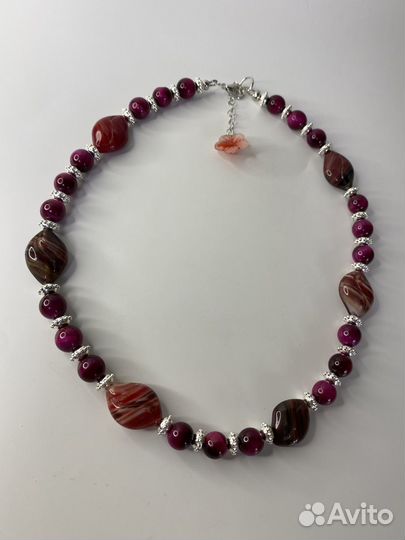 Вишневые бусы тигровый глаз и чешское стекло 50 см