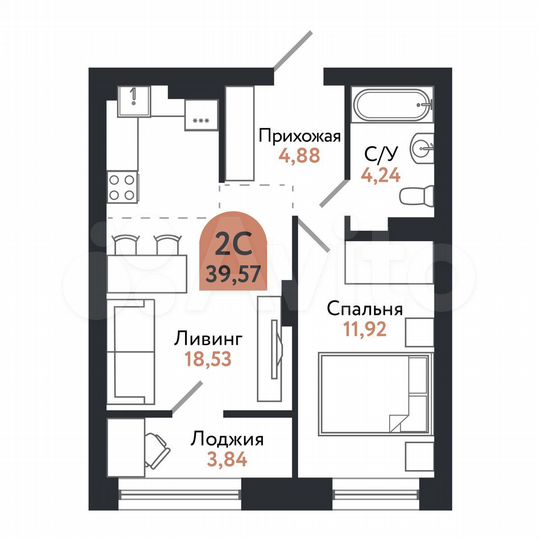 2-к. квартира, 39,6 м², 5/26 эт.