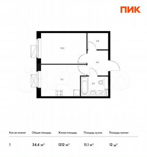 1-к квартира, 34.4 м², 11/17 эт.