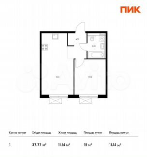 1-к квартира, 37.8 м², 12/16 эт.