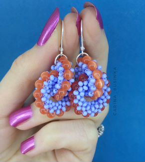 Синие оранжевые серьги натуральный камень кошачий